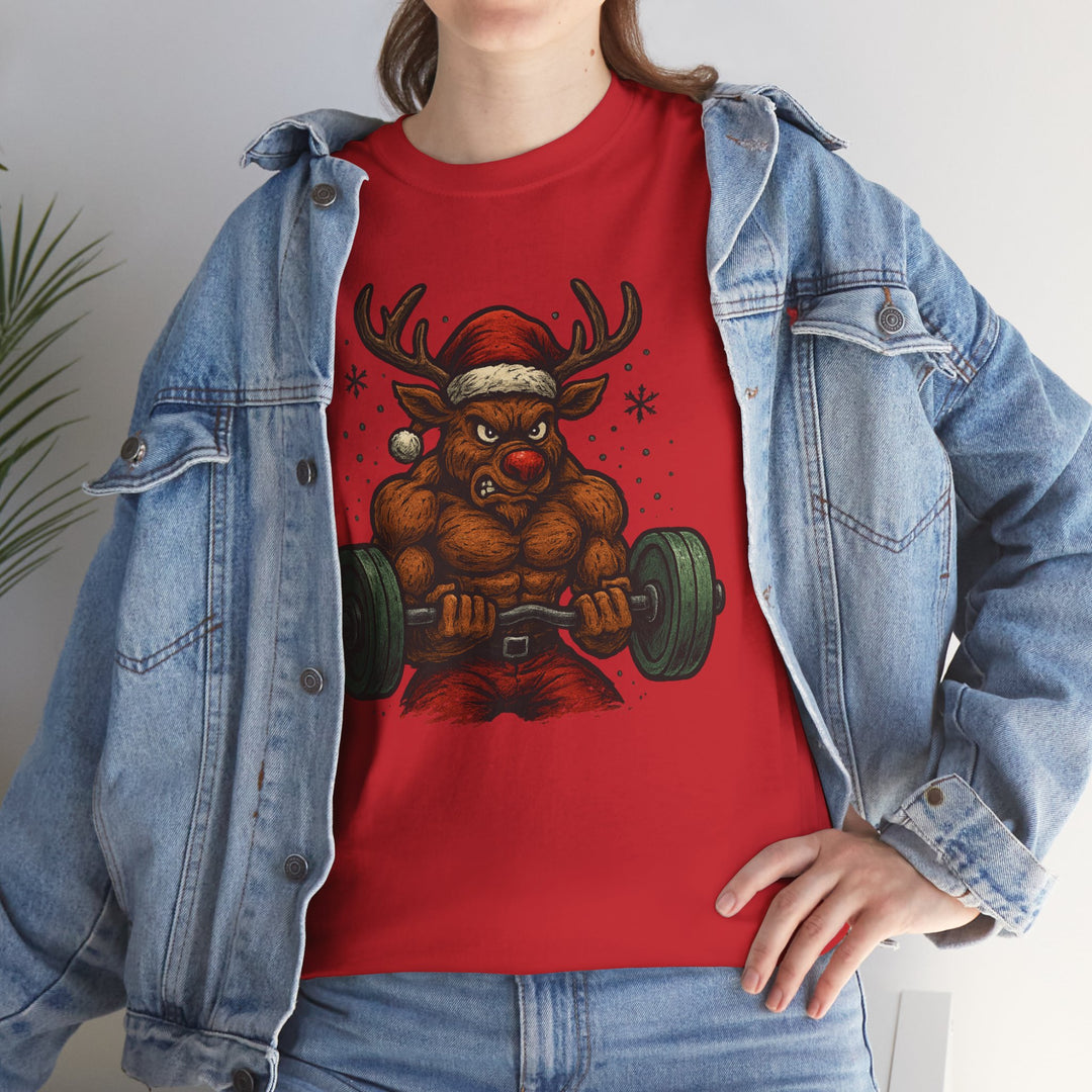 Reindeer Barbell Curl. Unisex Heavy Cotton Tee