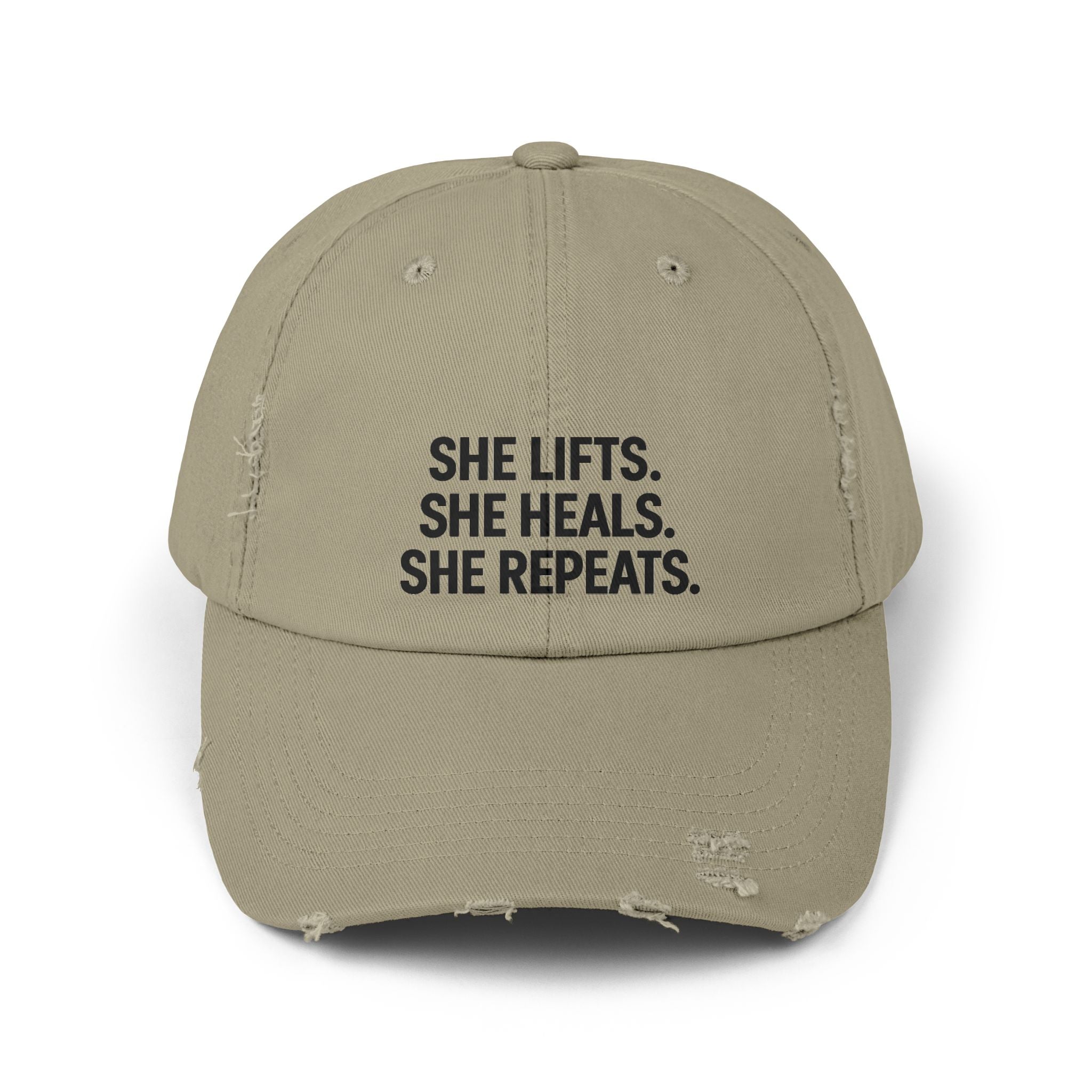 She Lifts. She Heals. She Repeats. : Unisex Distressed Cap