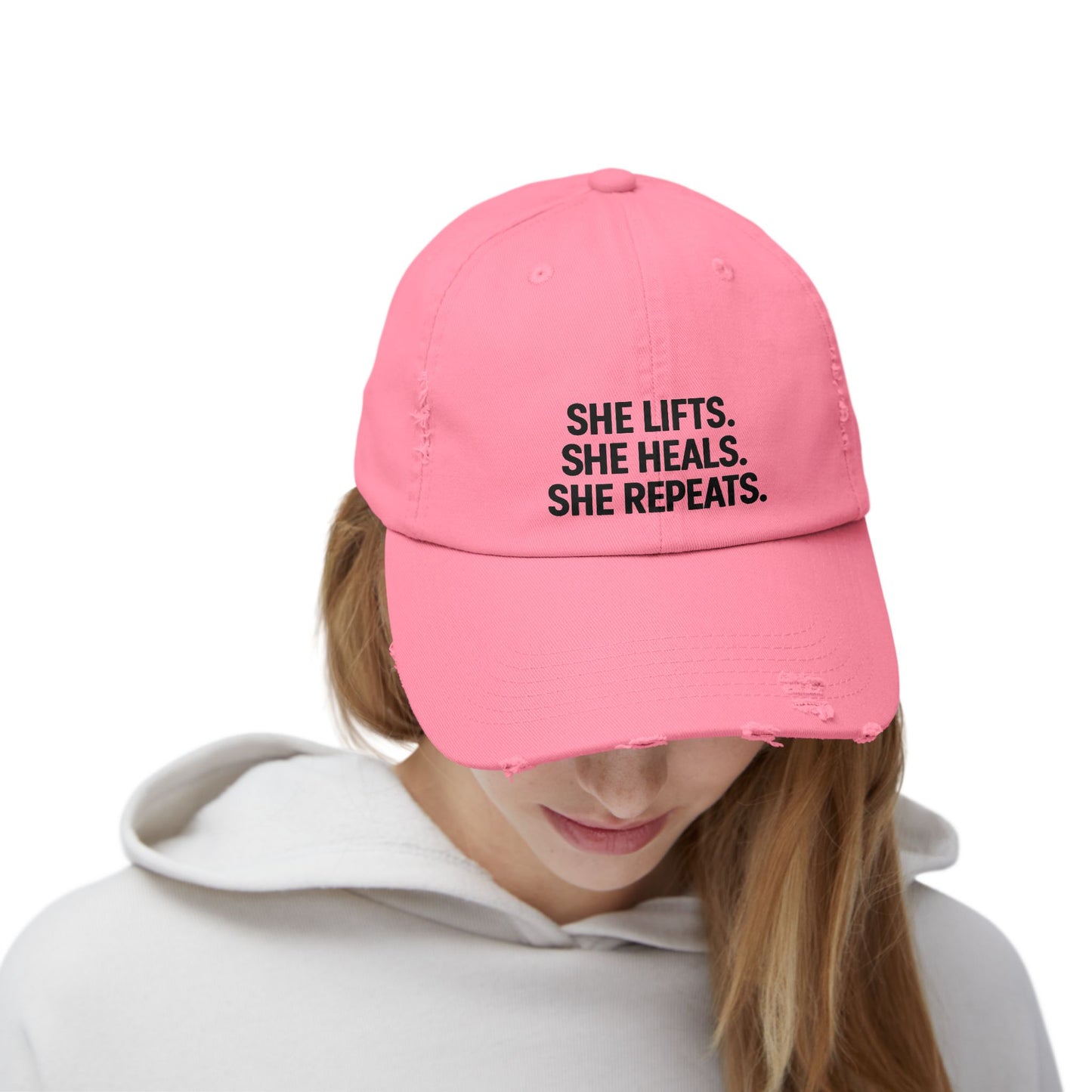 She Lifts. She Heals. She Repeats. : Unisex Distressed Cap