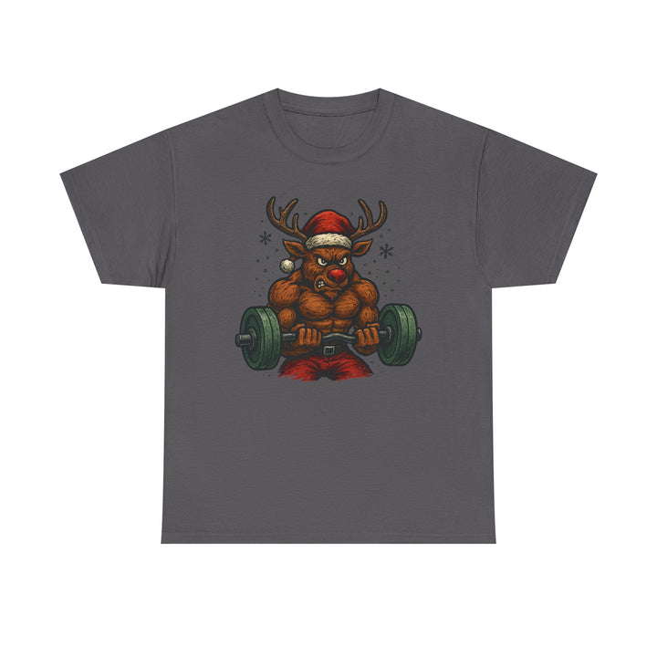 Reindeer Barbell Curl. Unisex Heavy Cotton Tee