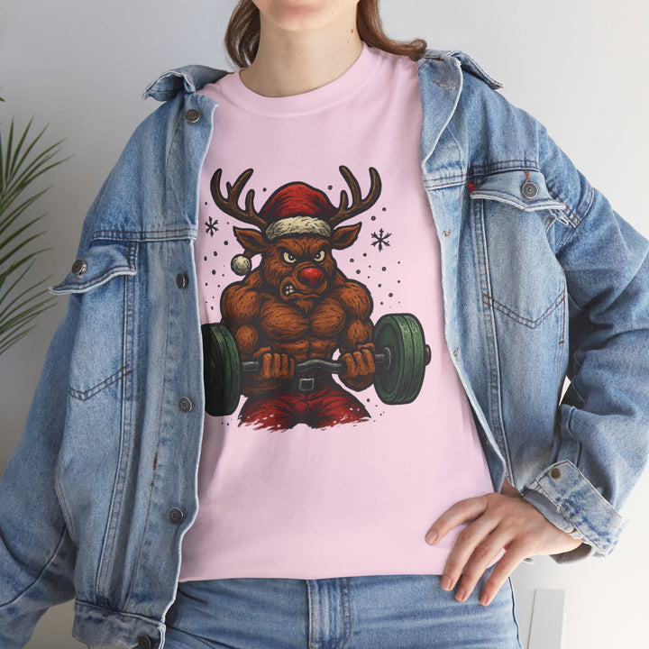 Reindeer Barbell Curl. Unisex Heavy Cotton Tee