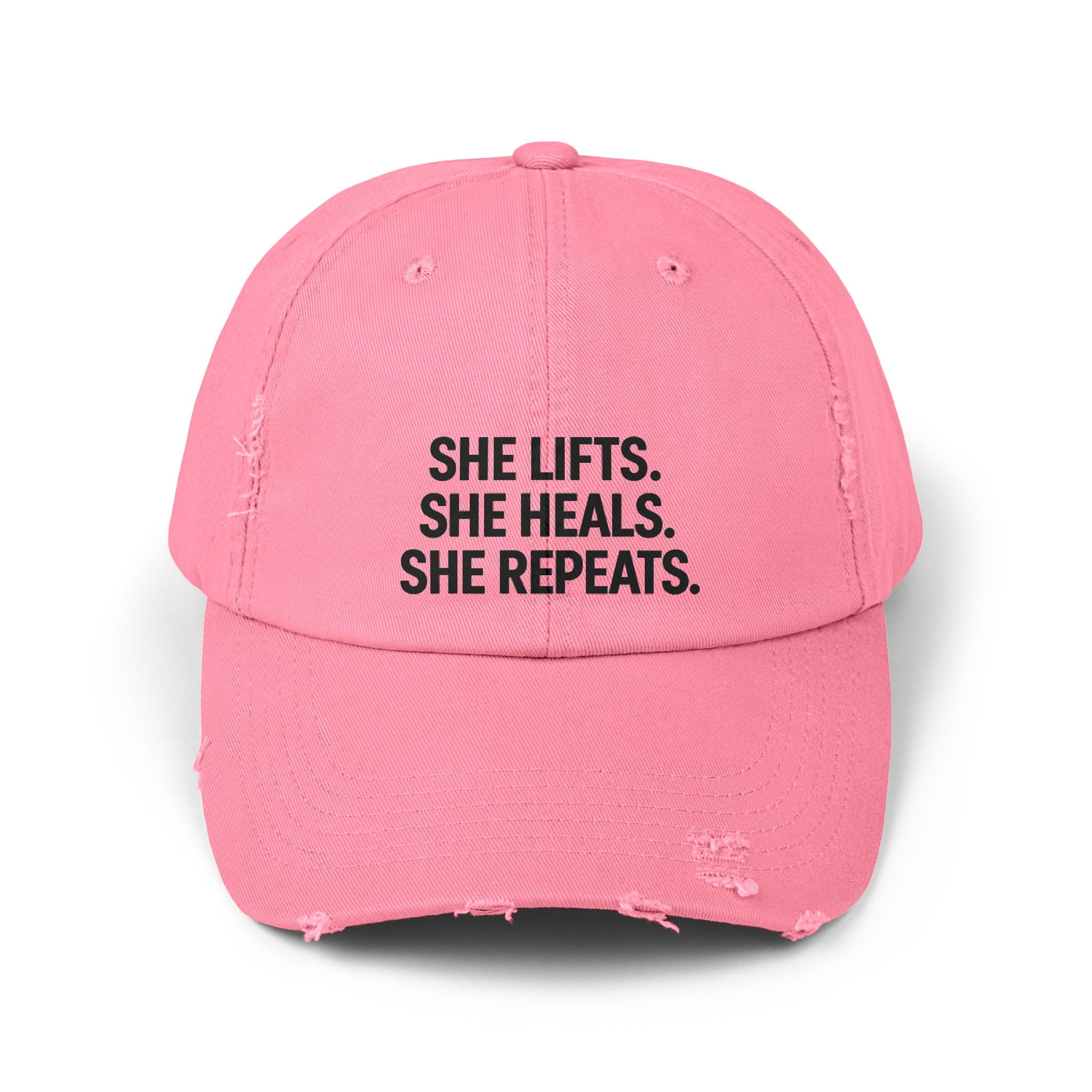 She Lifts. She Heals. She Repeats. : Unisex Distressed Cap