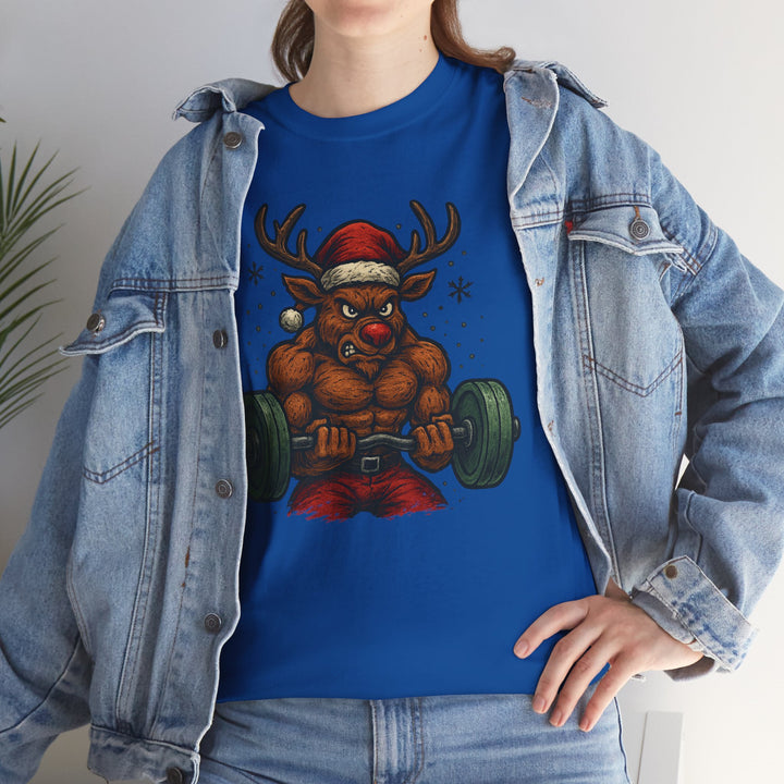 Reindeer Barbell Curl. Unisex Heavy Cotton Tee