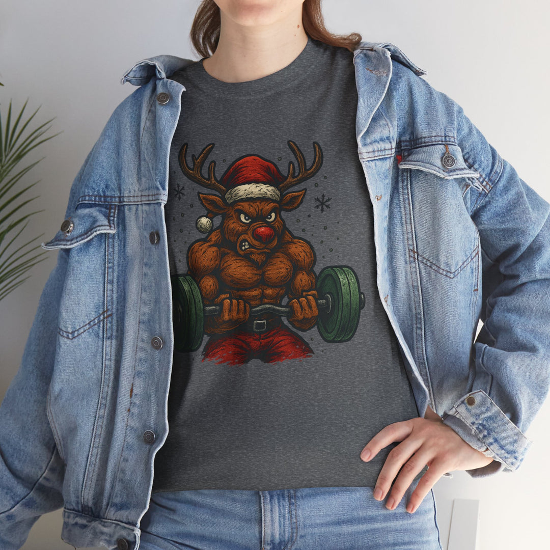 Reindeer Barbell Curl. Unisex Heavy Cotton Tee