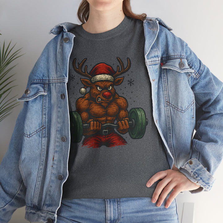 Reindeer Barbell Curl. Unisex Heavy Cotton Tee