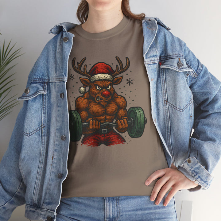 Reindeer Barbell Curl. Unisex Heavy Cotton Tee