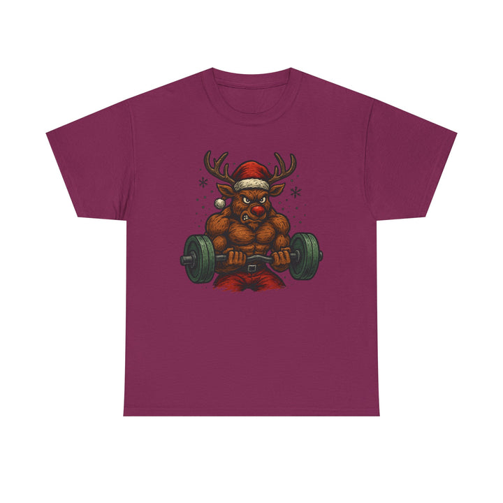 Reindeer Barbell Curl. Unisex Heavy Cotton Tee