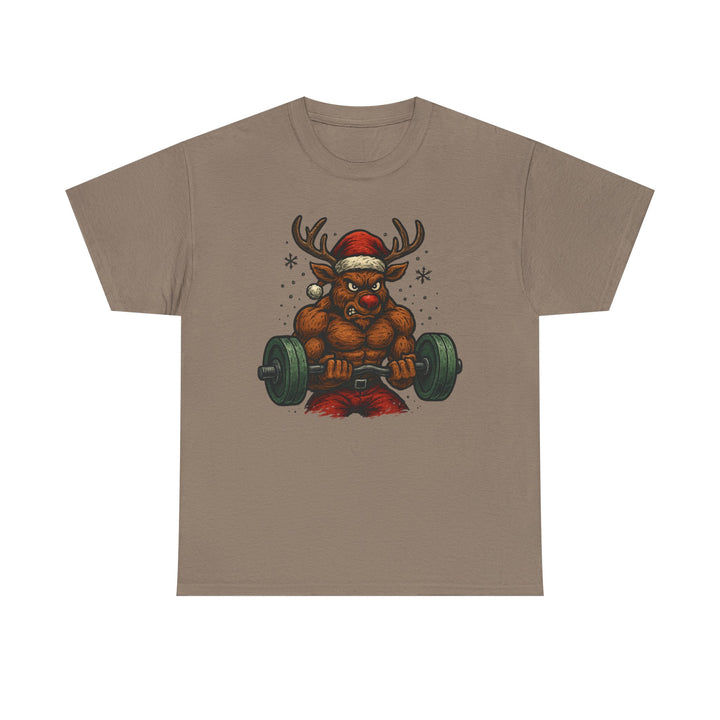 Reindeer Barbell Curl. Unisex Heavy Cotton Tee