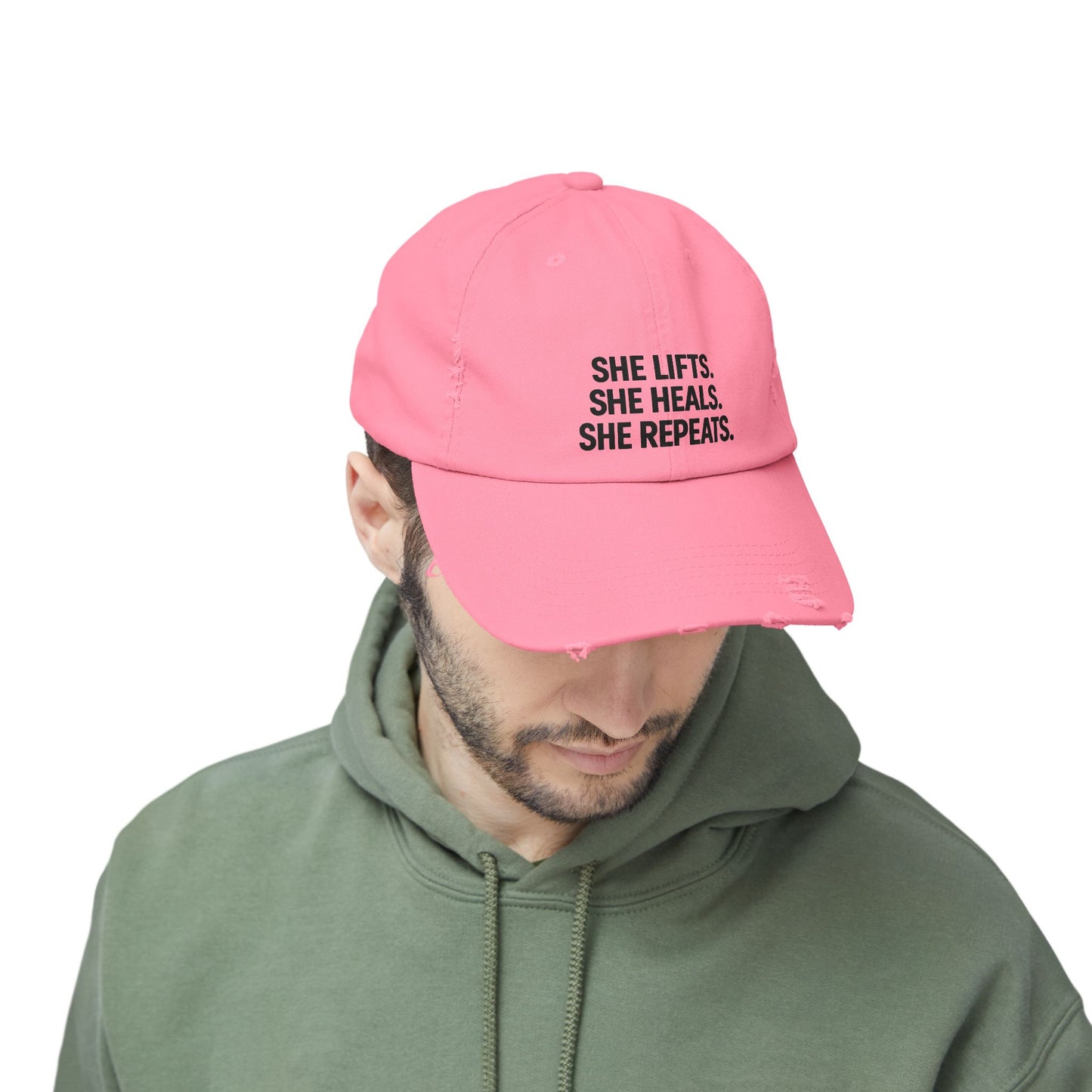She Lifts. She Heals. She Repeats. : Unisex Distressed Cap