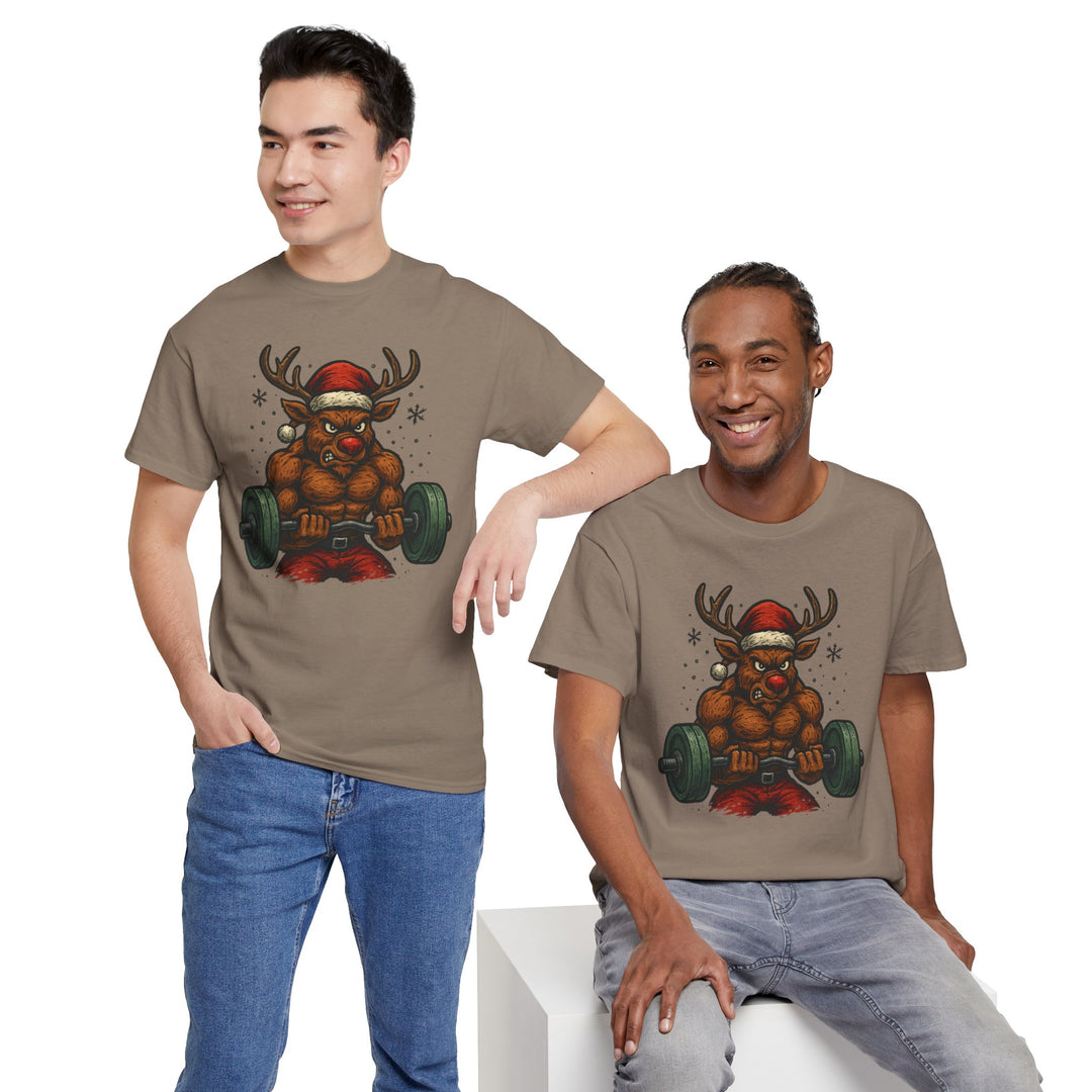Reindeer Barbell Curl. Unisex Heavy Cotton Tee