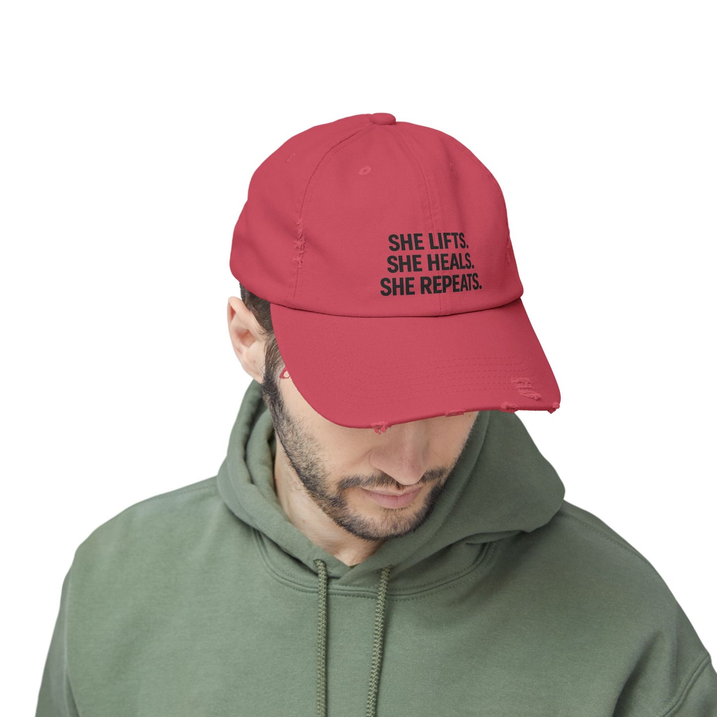 She Lifts. She Heals. She Repeats. : Unisex Distressed Cap