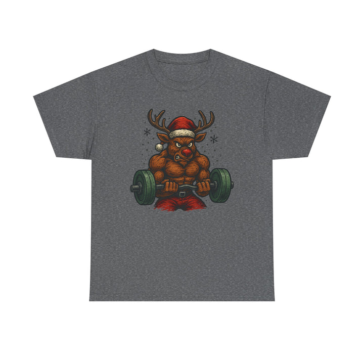 Reindeer Barbell Curl. Unisex Heavy Cotton Tee