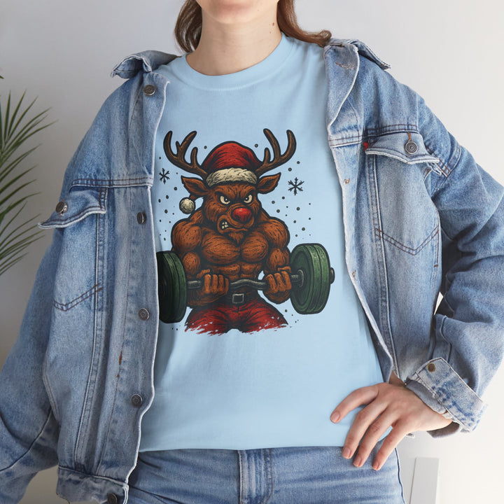 Reindeer Barbell Curl. Unisex Heavy Cotton Tee