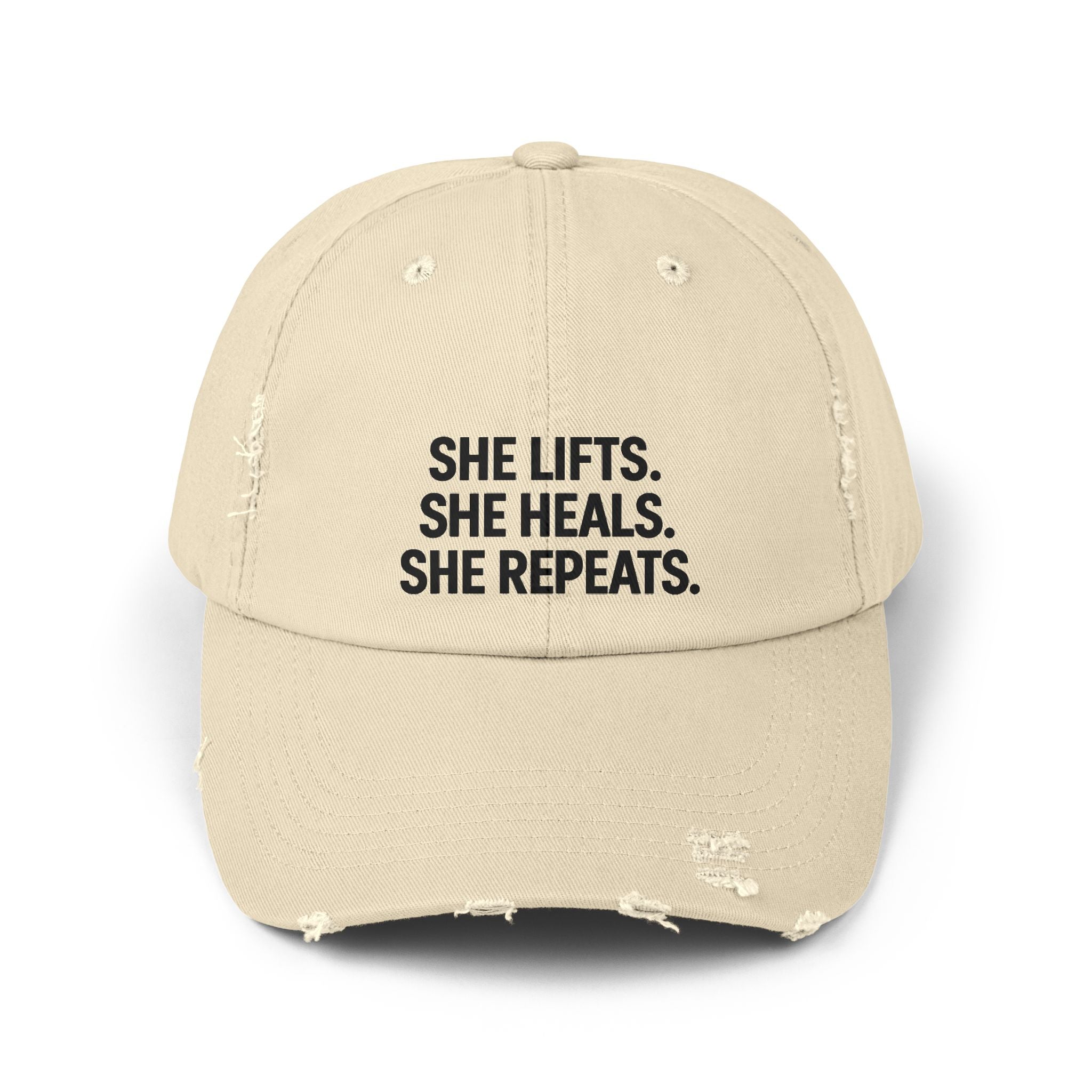She Lifts. She Heals. She Repeats. : Unisex Distressed Cap