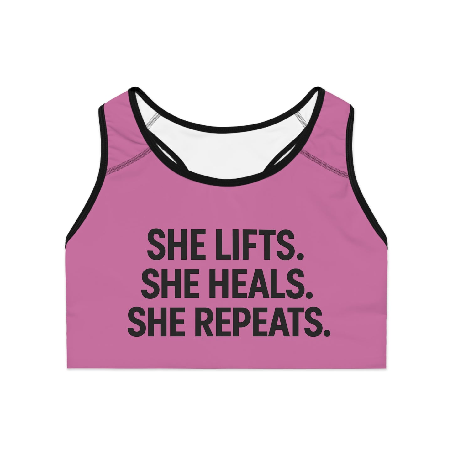 She Lifts. She Heals. She Repeats. Sports Bra